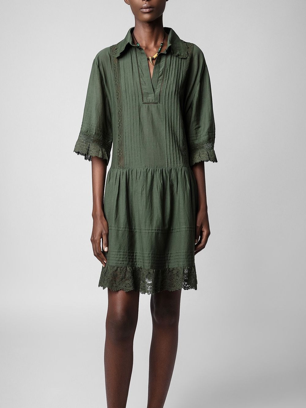 Zadig & Voltaire - Rosea Tomboy - Khaki Lace Trim Midi Dress - Size XS - NWT